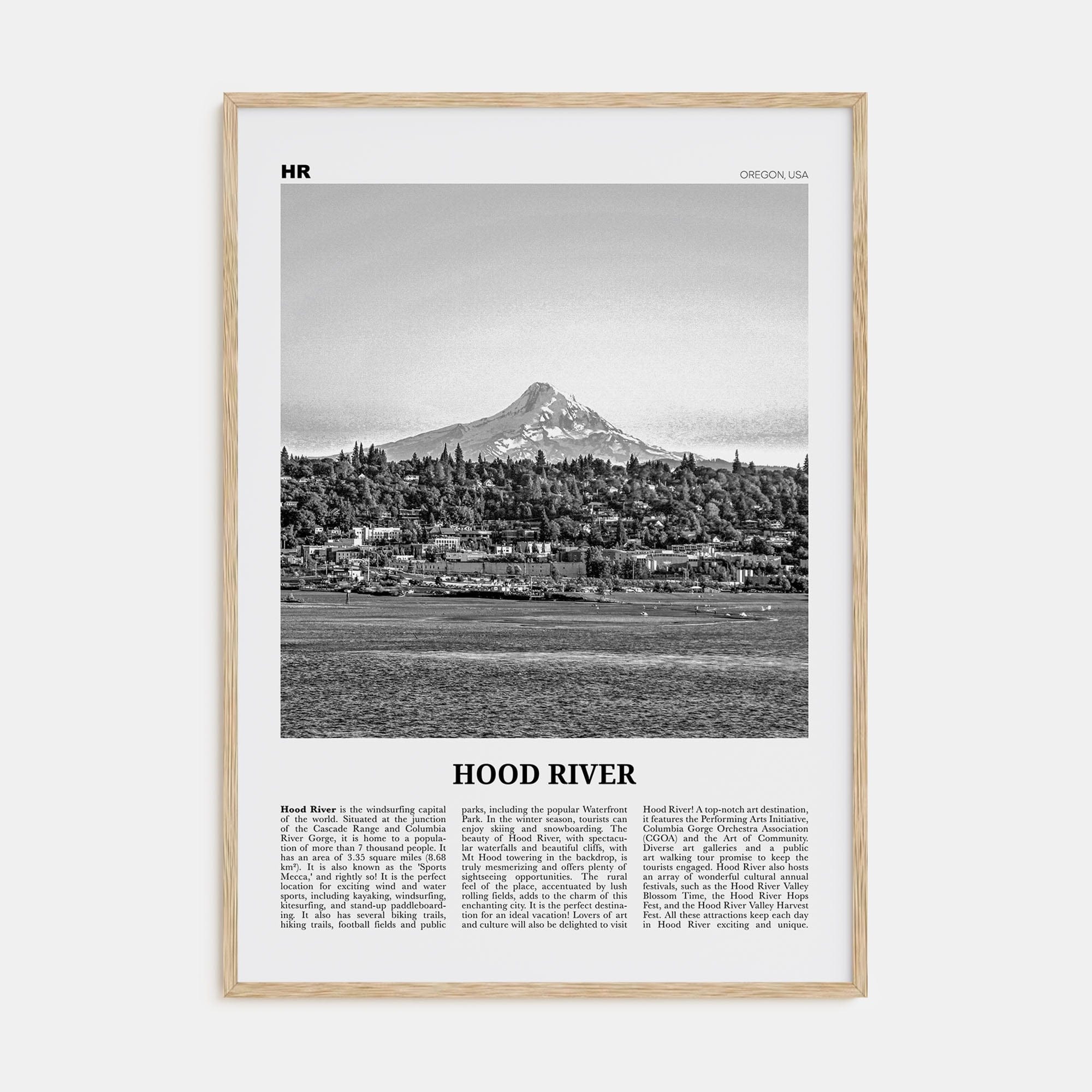 Hood River Poster Natural Wood / 8x12 in Nbourhood Travel B&W Poster