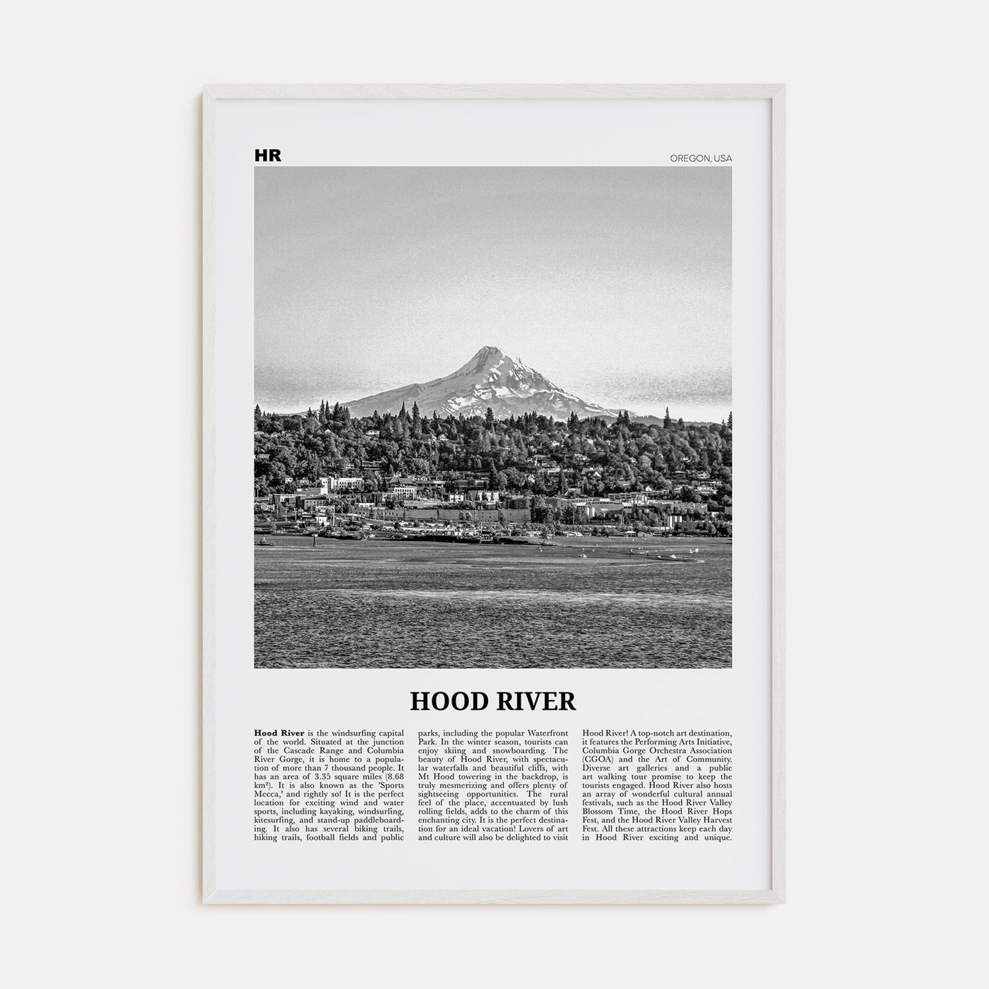 Hood River Poster White Wood / 8x12 in Nbourhood Travel B&W Poster