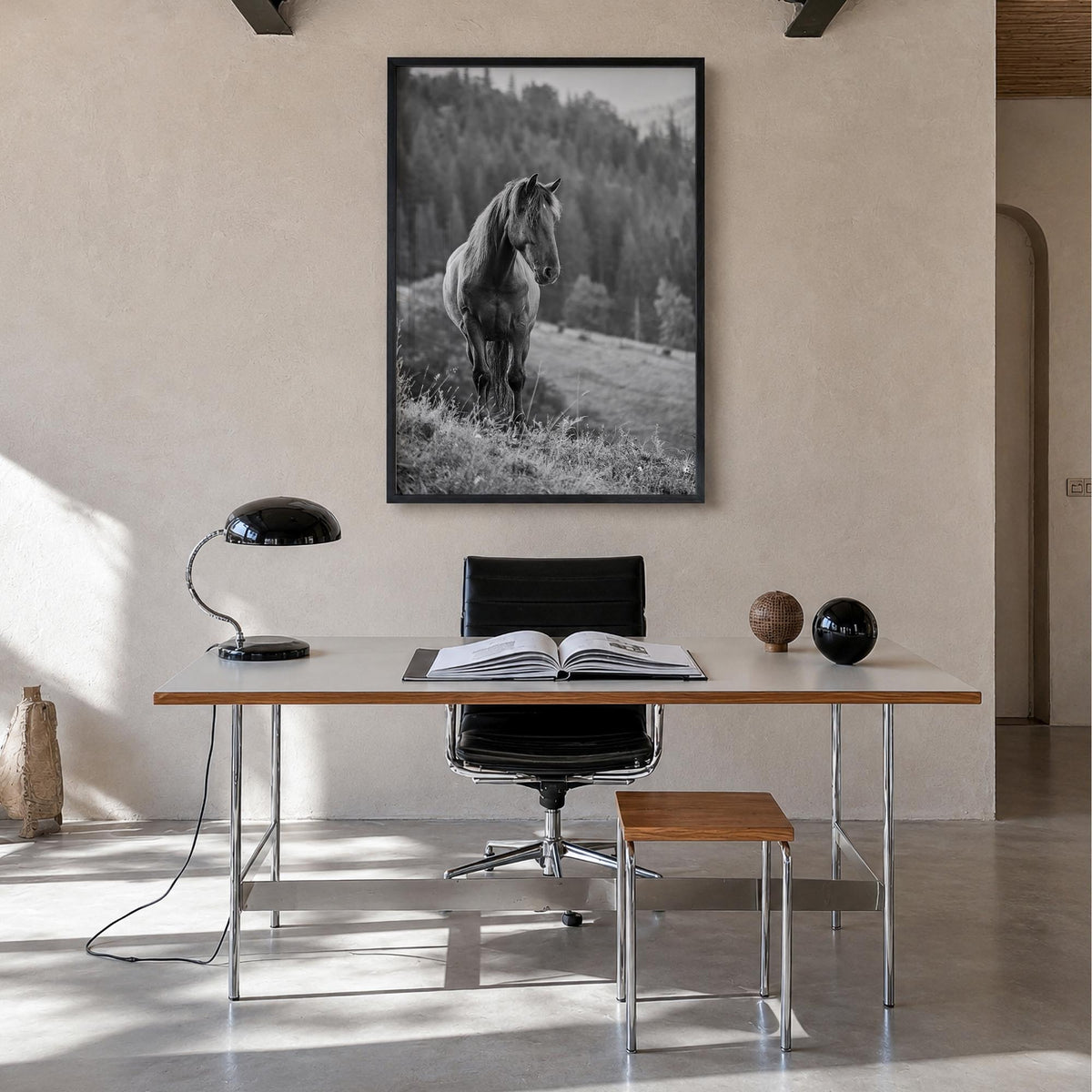 Horse no. 1 black & white photo poster – vertical wall art in black wood frame, hanging on wall