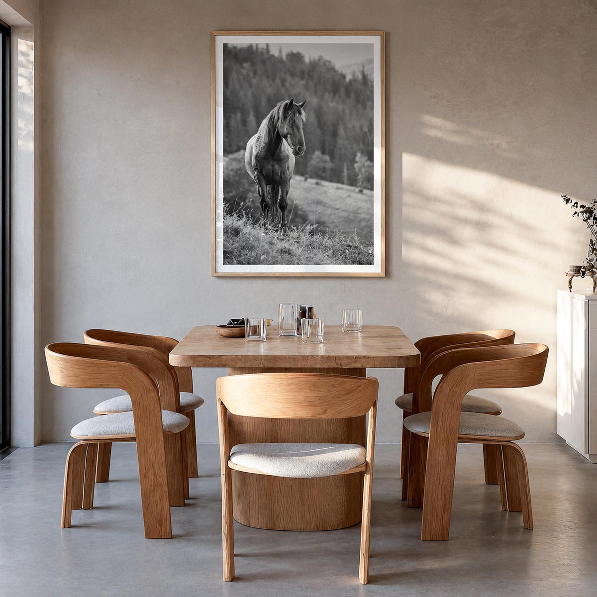 Horse no. 1 black & white photo poster – vertical wall art in natural wood frame with white border, hanging on wall