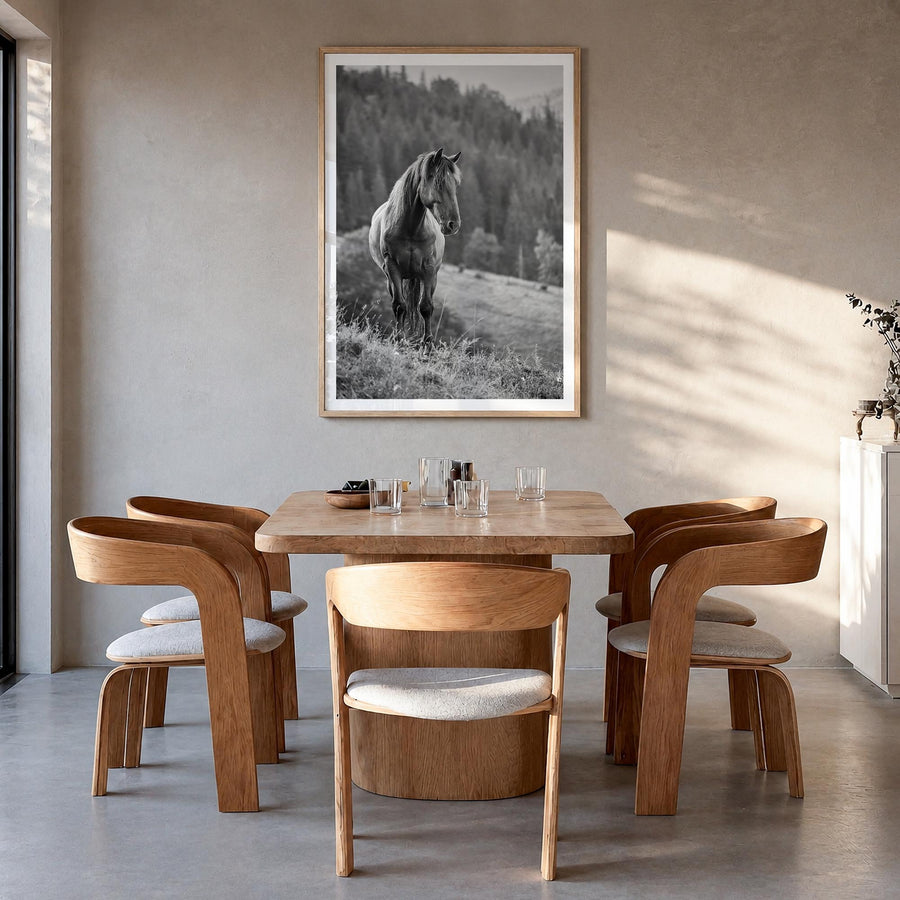 Horse no. 1 black & white photo poster – vertical wall art in natural wood frame with white border, hanging on wall