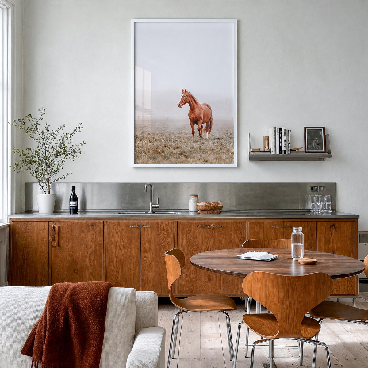 Horse no. 1 colorful photo poster – vertical wall art in white wood frame, hanging on wall