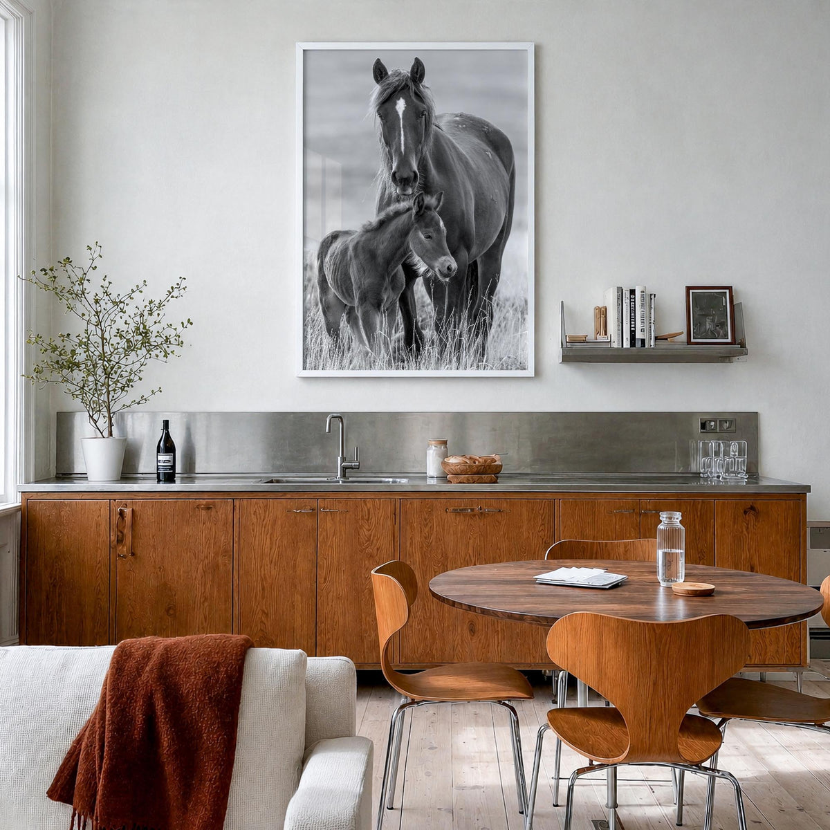 Horse no. 2 black & white photo poster – vertical wall art in white wood frame, hanging on wall