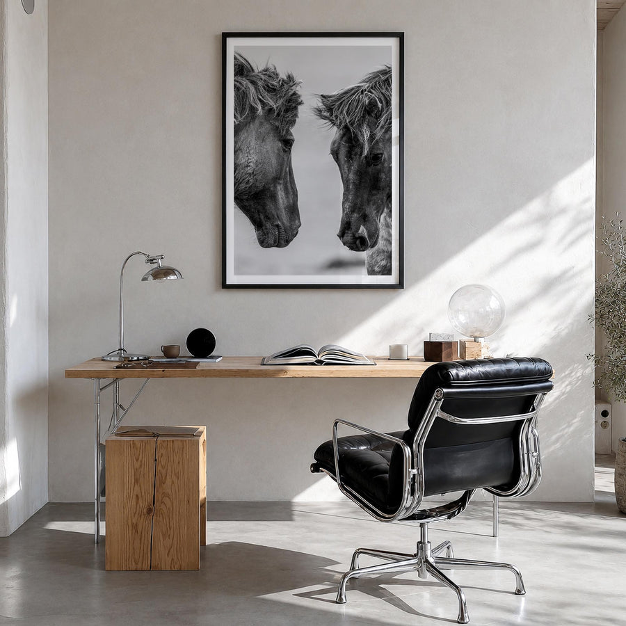 Horse no. 3 black & white photo poster – vertical wall art in black wood frame with white border, hanging on wall