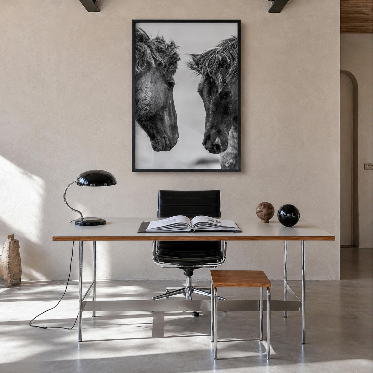 Horse no. 3 black & white photo poster – vertical wall art in black wood frame, hanging on wall