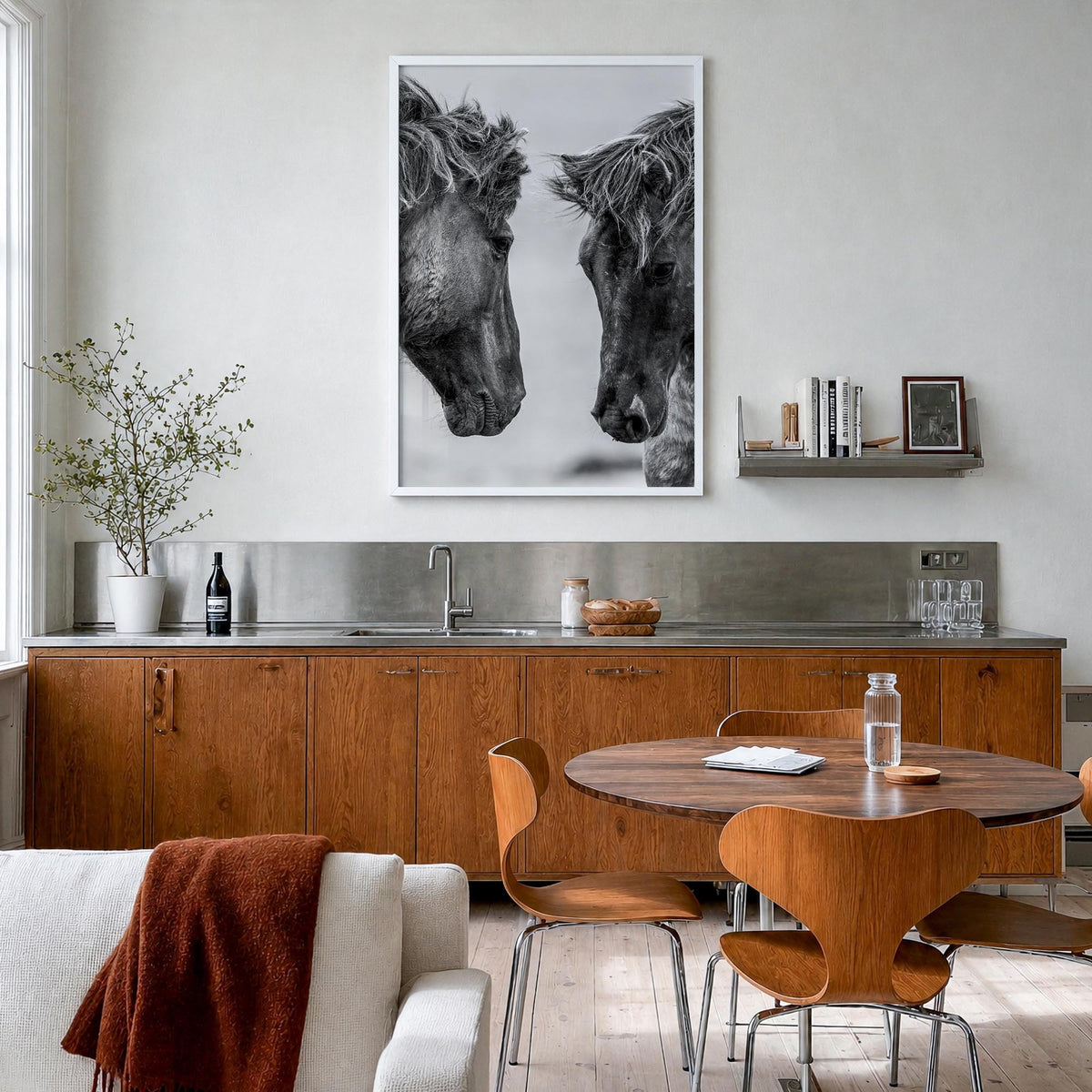 Horse no. 3 black & white photo poster – vertical wall art in white wood frame, hanging on wall