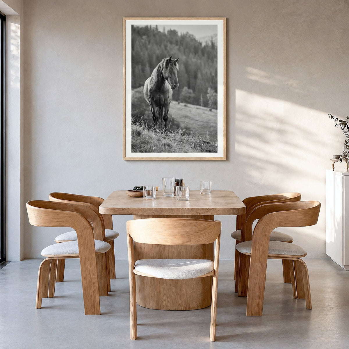 Horse Photo No 1 Poster in a natural wood frame, hanging in a dining room, white border