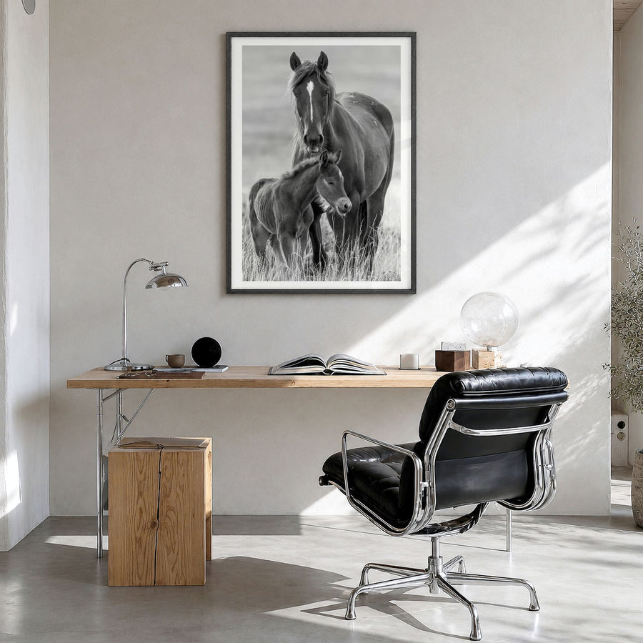 Horse Photo No 2 Poster in a black wood frame, hanging in a bright home office, white border