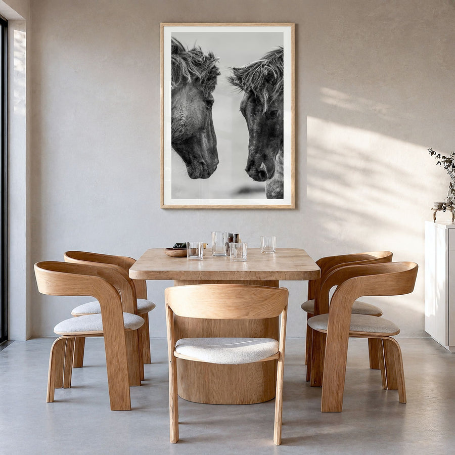 Horse Photo No 3 Poster in a natural wood frame, hanging in a dining room, white border