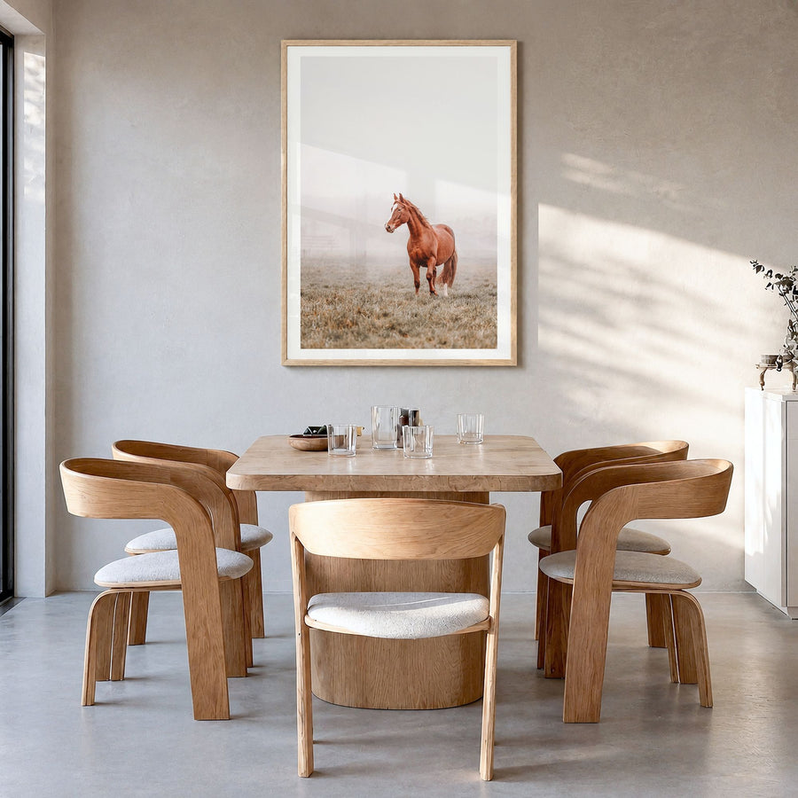Horse Photo No 1 Poster in a natural wood frame, hanging in a dining room, white border