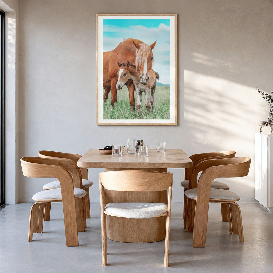 Horse Photo No 2 Poster in a natural wood frame, hanging in a dining room, white border