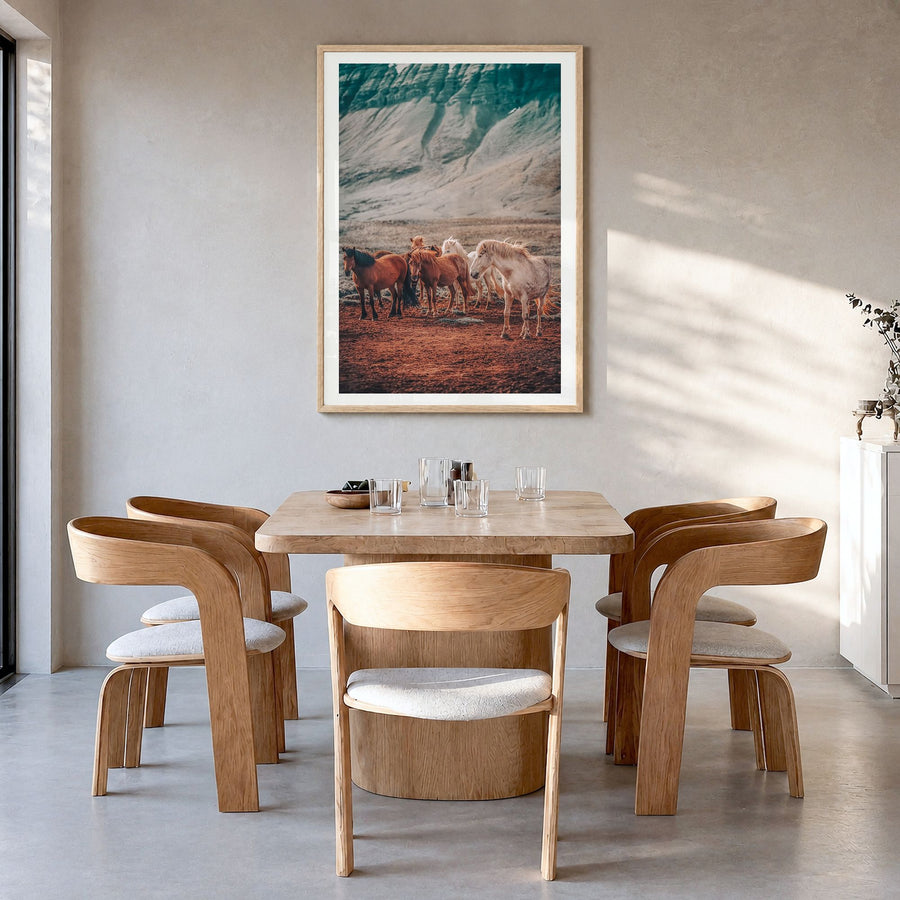 Horse Photo No 3 Poster in a natural wood frame, hanging in a dining room, white border