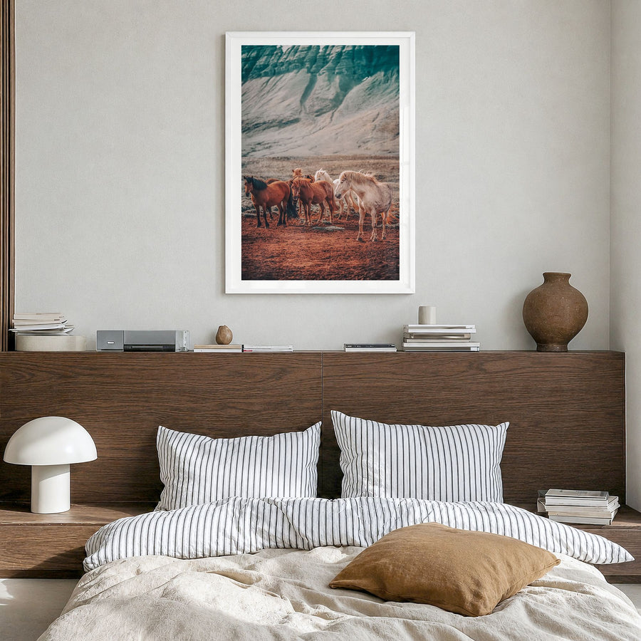 Horse Photo No 3 Poster in a white wood frame, hanging in a bedroom, white border