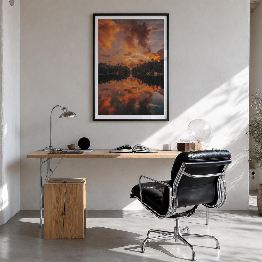 Horseshoe Lake colorful photo poster of California, USA – vertical wall art in black wood frame with white border, hanging on