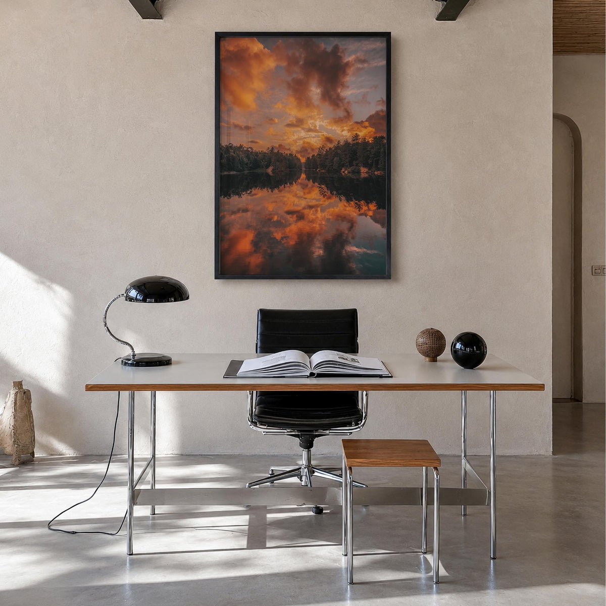 Horseshoe Lake colorful photo poster of California, USA – vertical wall art in black wood frame, hanging on wall