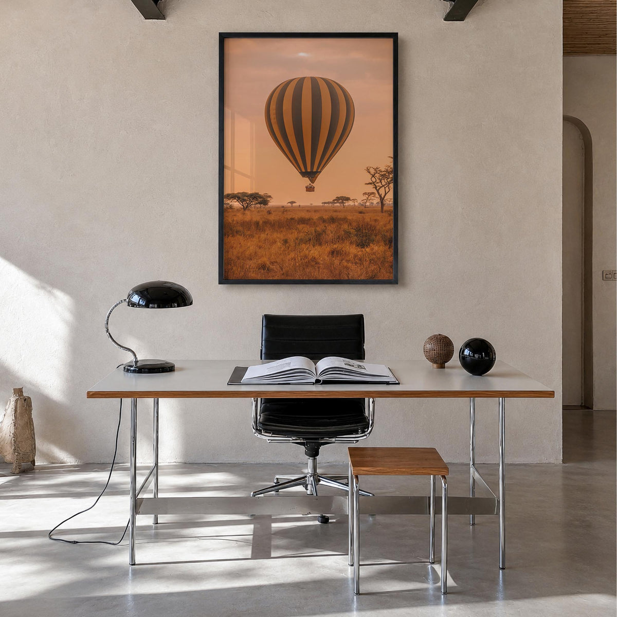 Hot Air Balloon no. 1 colorful photo poster – vertical wall art in black wood frame, hanging on wall