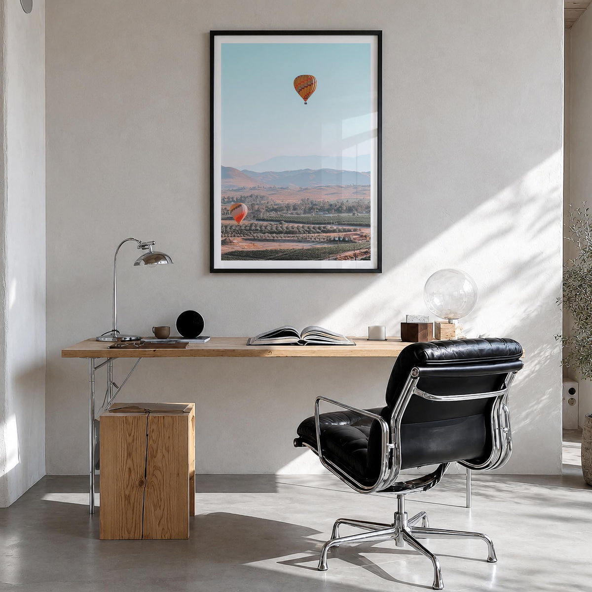 Hot Air Balloon no. 2 colorful photo poster – vertical wall art in black wood frame with white border, hanging on wall