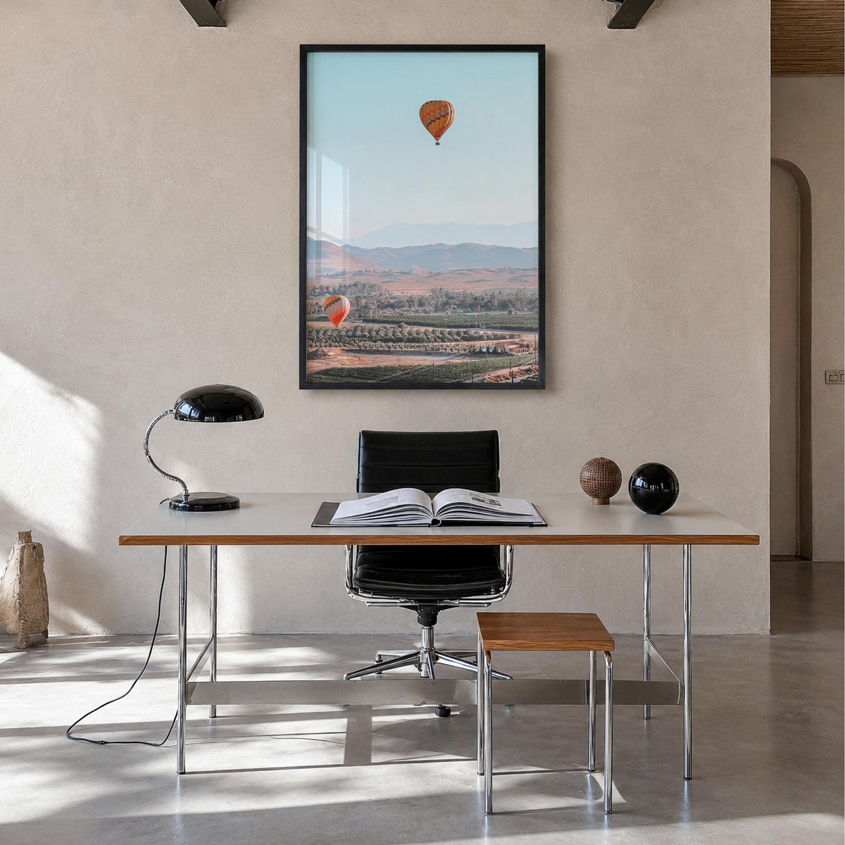 Hot Air Balloon no. 2 colorful photo poster – vertical wall art in black wood frame, hanging on wall