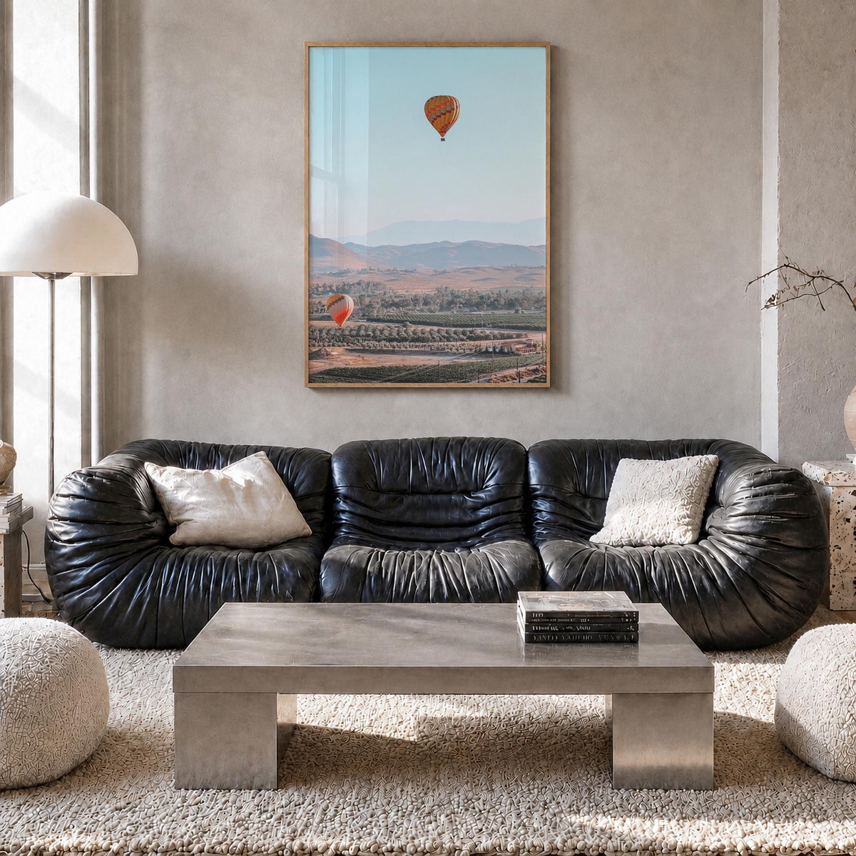 Hot Air Balloon no. 2 colorful photo poster – vertical wall art in natural wood frame, hanging on wall