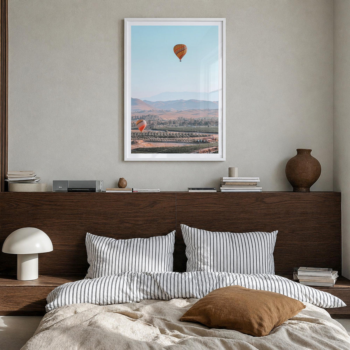 Hot Air Balloon no. 2 colorful photo poster – vertical wall art in white wood frame with white border, hanging on wall