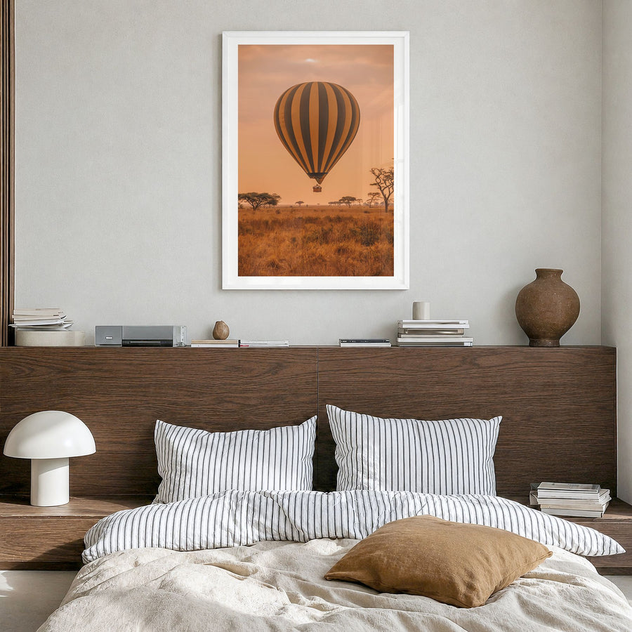 Hot Air Balloon Photo No 1 Poster in a white wood frame, hanging in a bedroom, white border