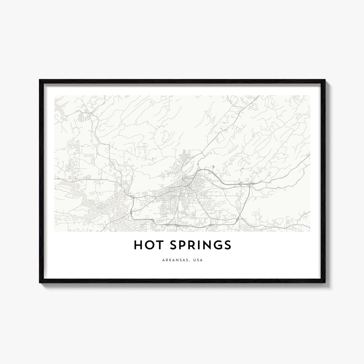 Hot Springs black & white map poster of Arkansas, USA – horizontal wall art, unframed print shown in interior mockup