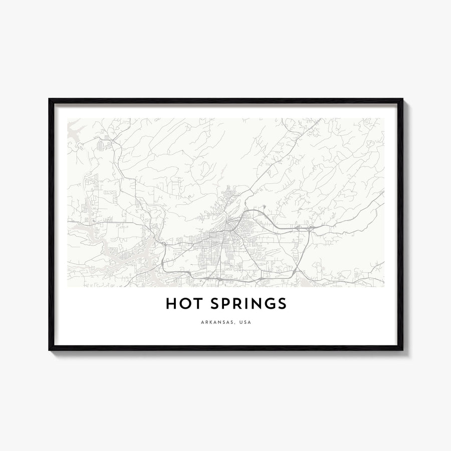 Hot Springs black & white map poster of Arkansas, USA – horizontal wall art, unframed print shown in interior mockup