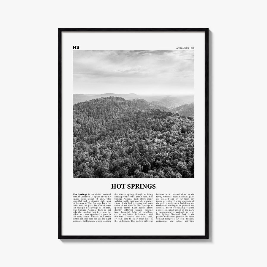 Hot Springs black & white newspaper poster of Arkansas, USA – vertical wall art, unframed print shown in interior mockup