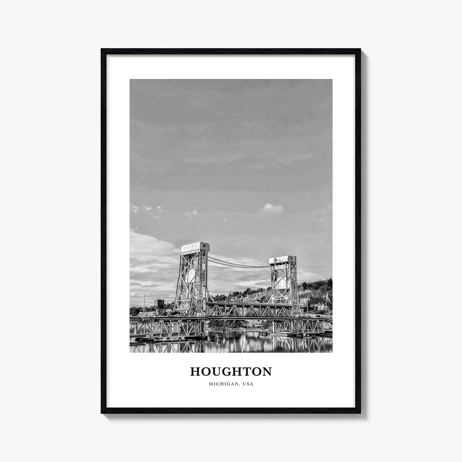 Houghton black & white classic poster of Michigan, USA – vertical wall art, unframed print shown in interior mockup