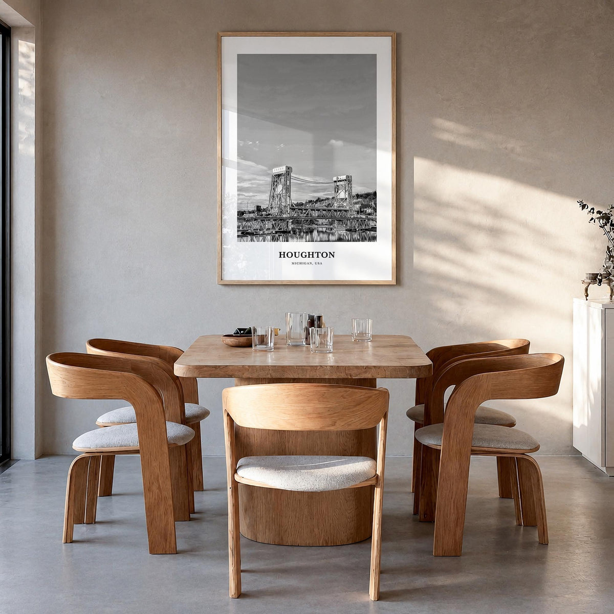 Houghton black & white classic poster of Michigan, USA – vertical wall art in natural wood frame, hanging on wall