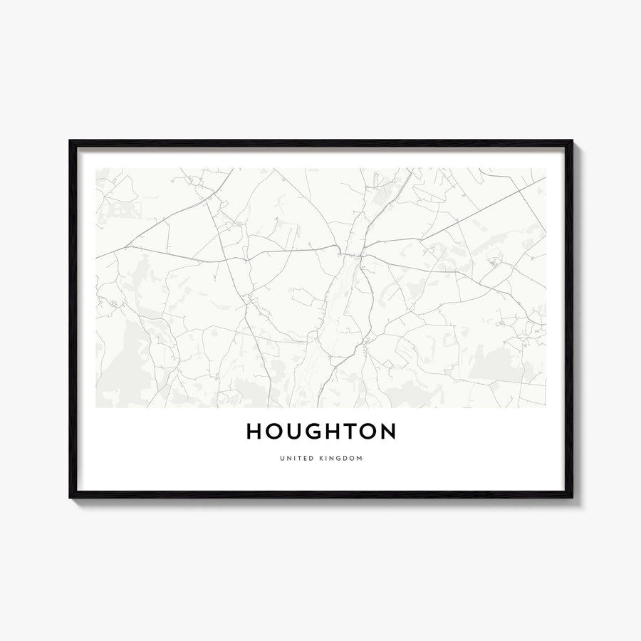 Houghton black & white map poster of Michigan, USA – horizontal wall art, unframed print shown in interior mockup