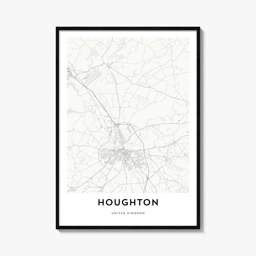Houghton black & white map poster of Michigan, USA – vertical wall art, unframed print shown in interior mockup