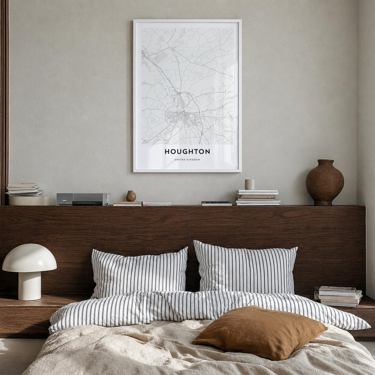 Houghton black & white map poster of Michigan, USA – vertical wall art in white wood frame, hanging on wall