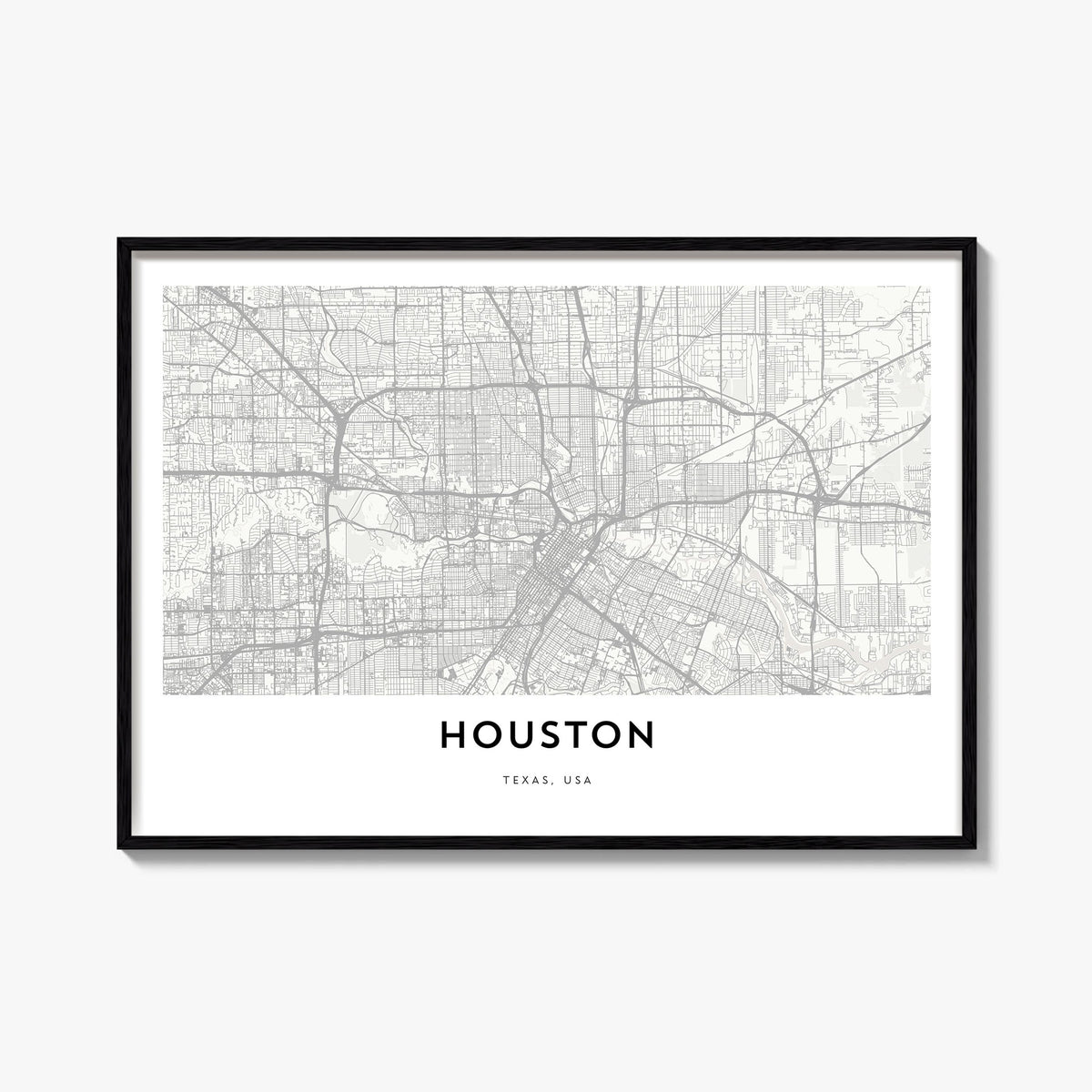 Houston black & white map poster of Texas, USA – horizontal wall art, unframed print shown in interior mockup