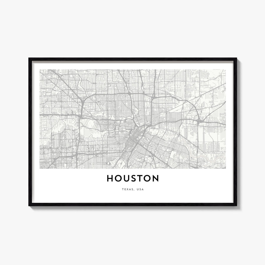 Houston black & white map poster of Texas, USA – horizontal wall art, unframed print shown in interior mockup