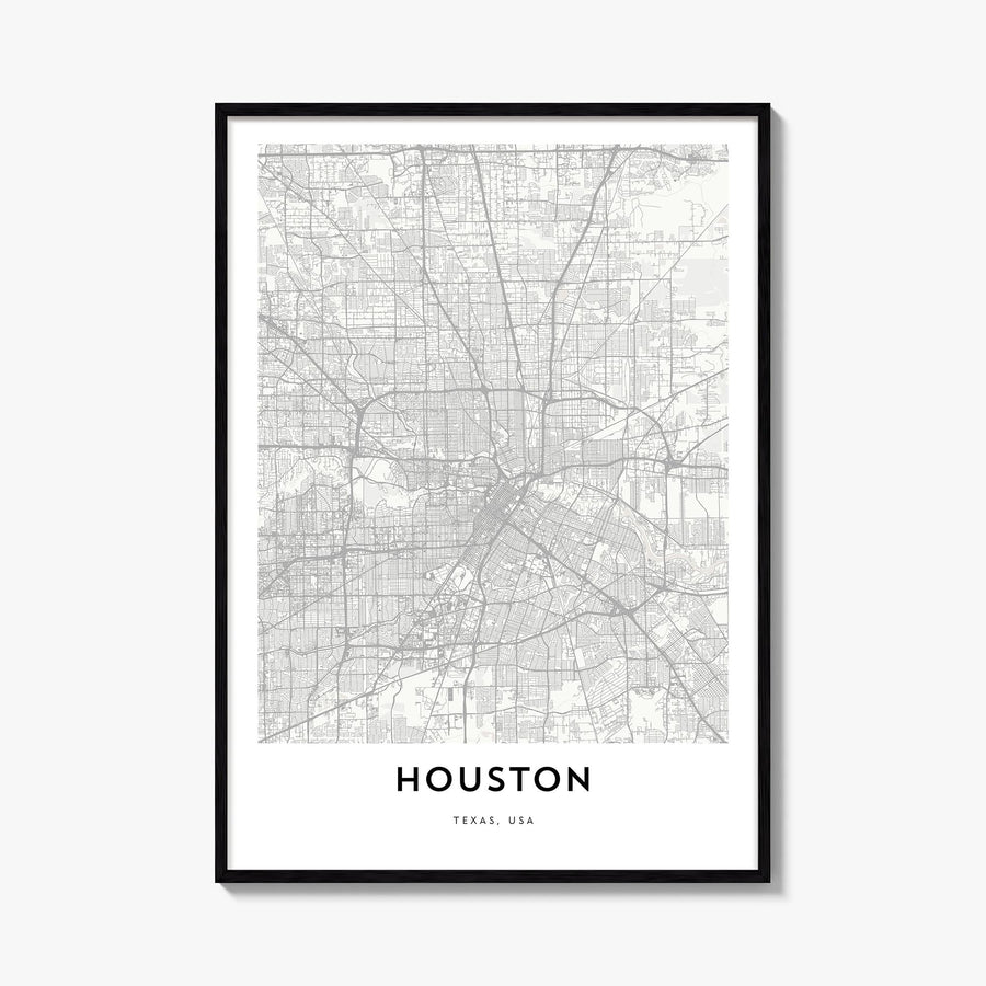 Houston black & white map poster of Texas, USA – vertical wall art, unframed print shown in interior mockup