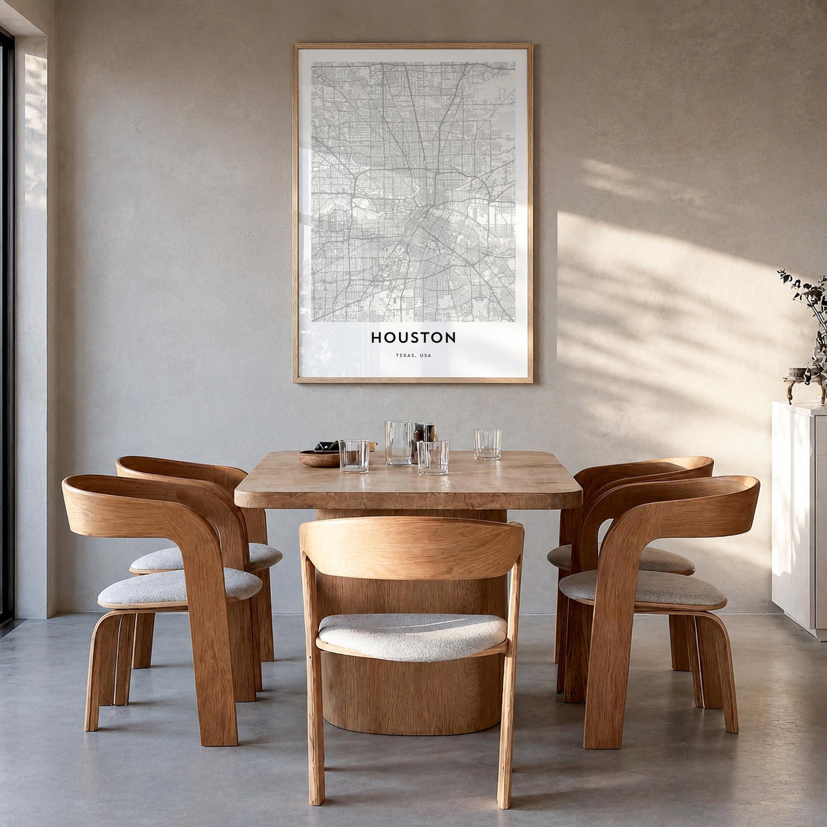 Houston black & white map poster of Texas, USA – vertical wall art in natural wood frame, hanging on wall