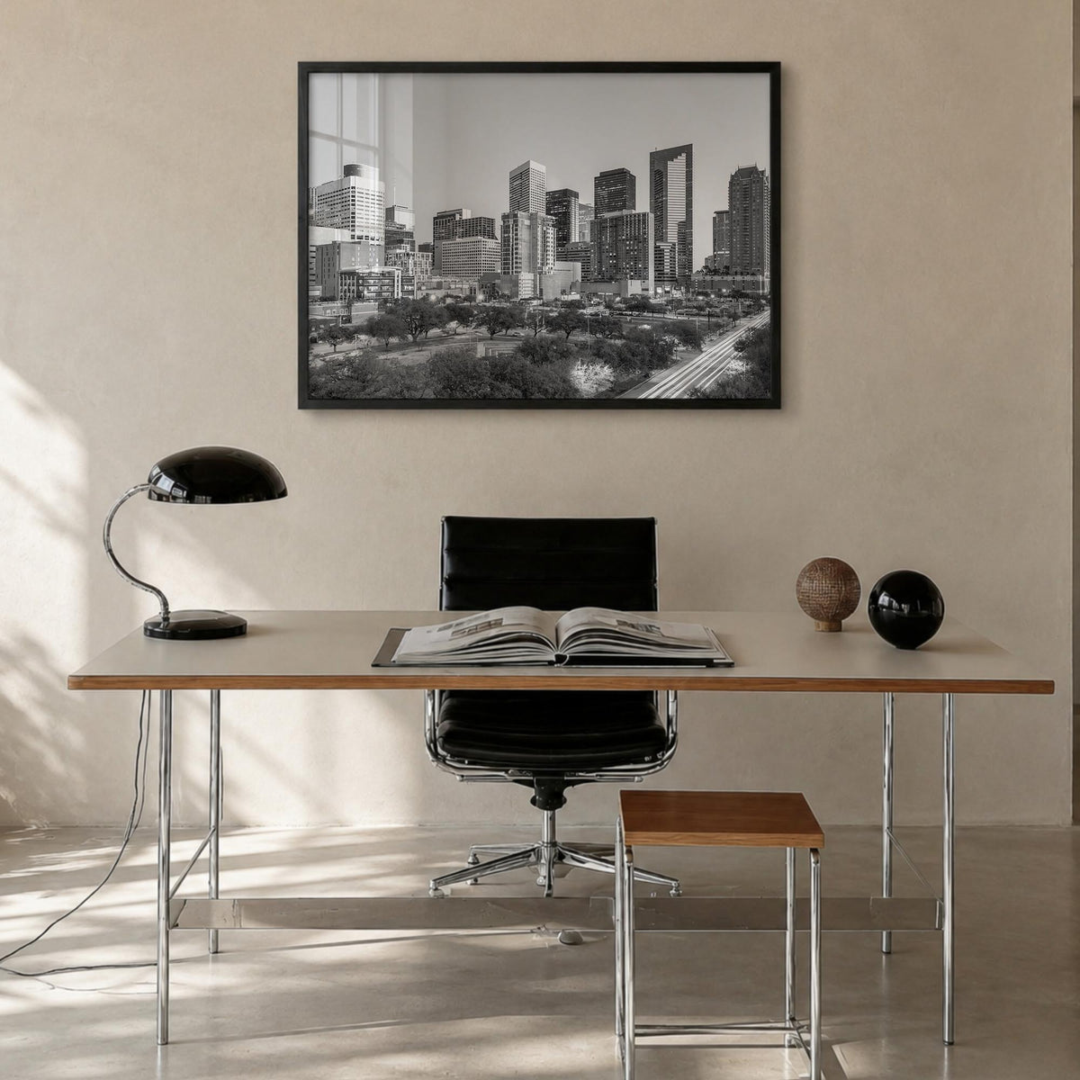 Houston black & white photo poster of Texas, USA – horizontal wall art in black wood frame, hanging on wall