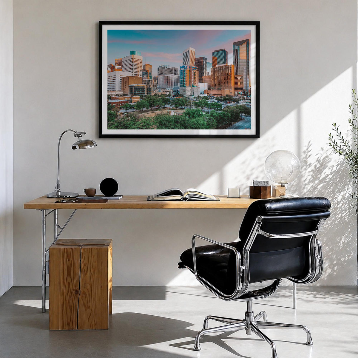 Houston colorful photo poster of Texas, USA – horizontal wall art in black wood frame with white border, hanging on wall