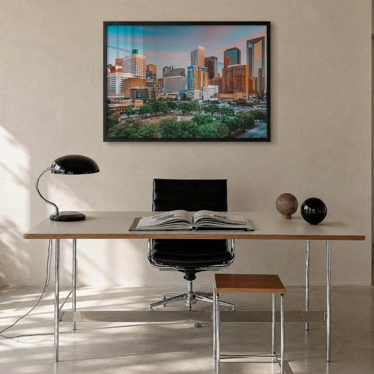 Houston colorful photo poster of Texas, USA – horizontal wall art in black wood frame, hanging on wall
