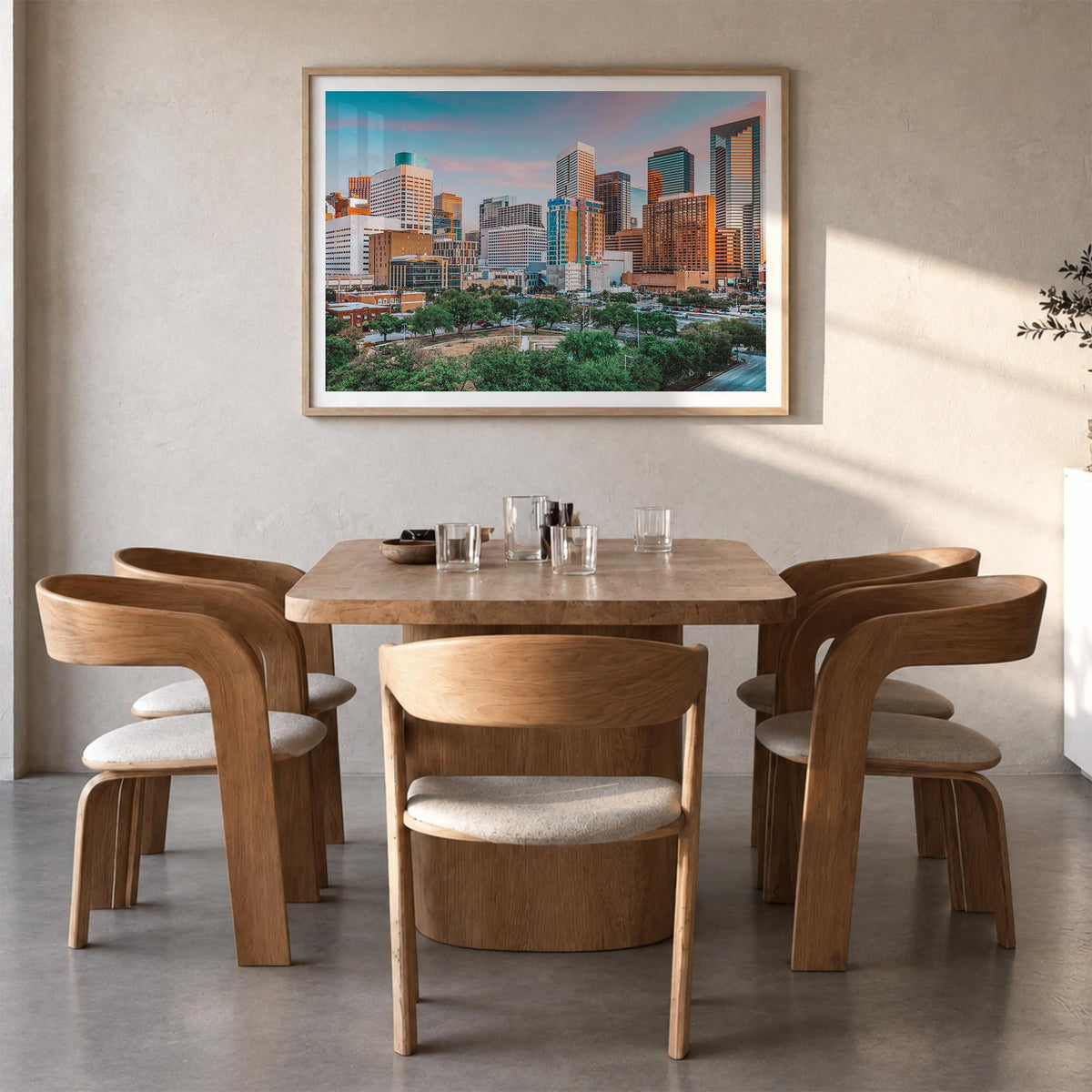 Houston colorful photo poster of Texas, USA – horizontal wall art in natural wood frame with white border, hanging on wall