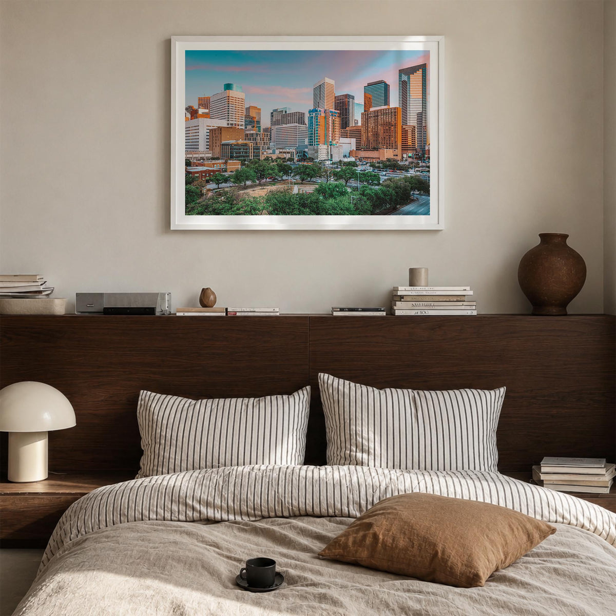 Houston colorful photo poster of Texas, USA – horizontal wall art in white wood frame with white border, hanging on wall