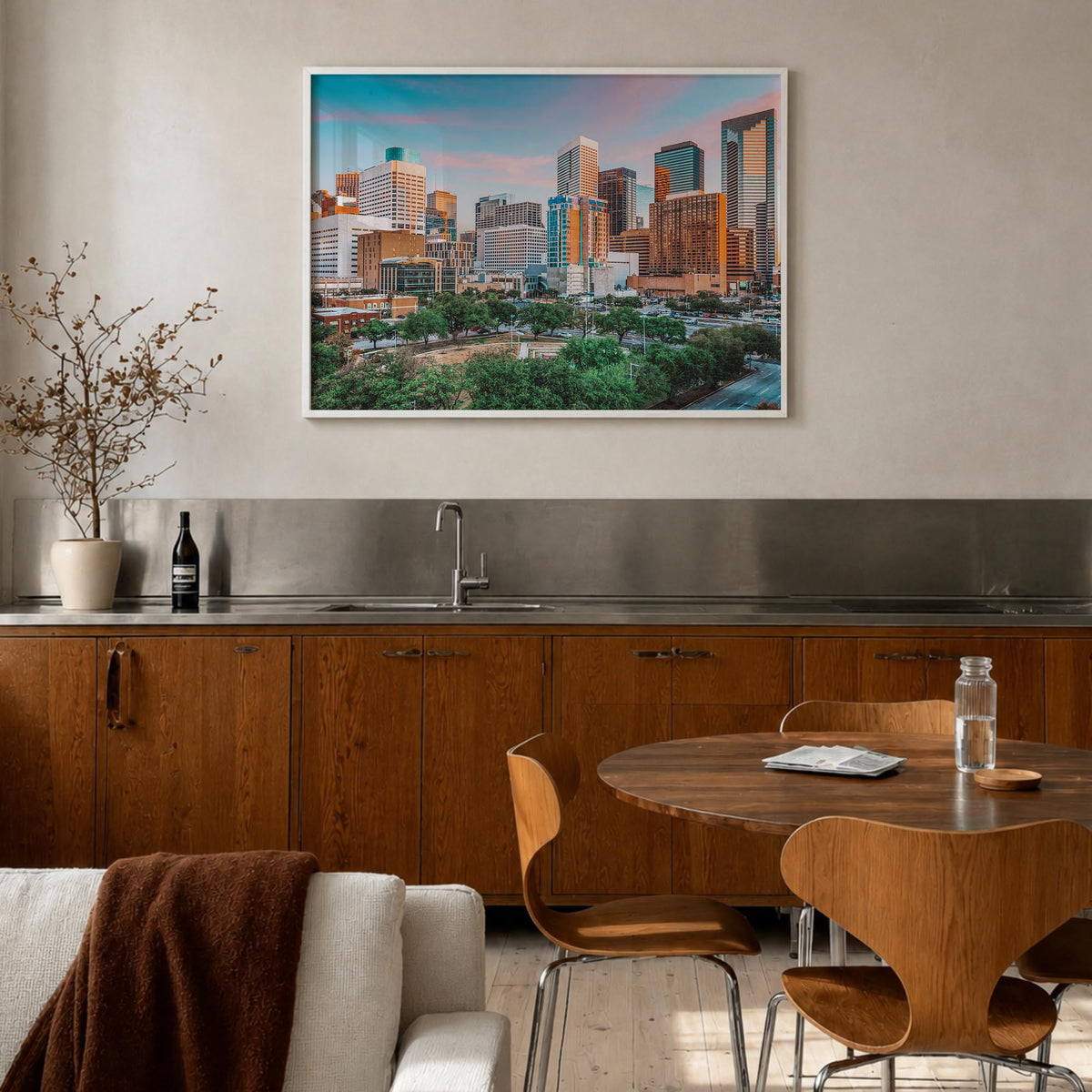 Houston colorful photo poster of Texas, USA – horizontal wall art in white wood frame, hanging on wall