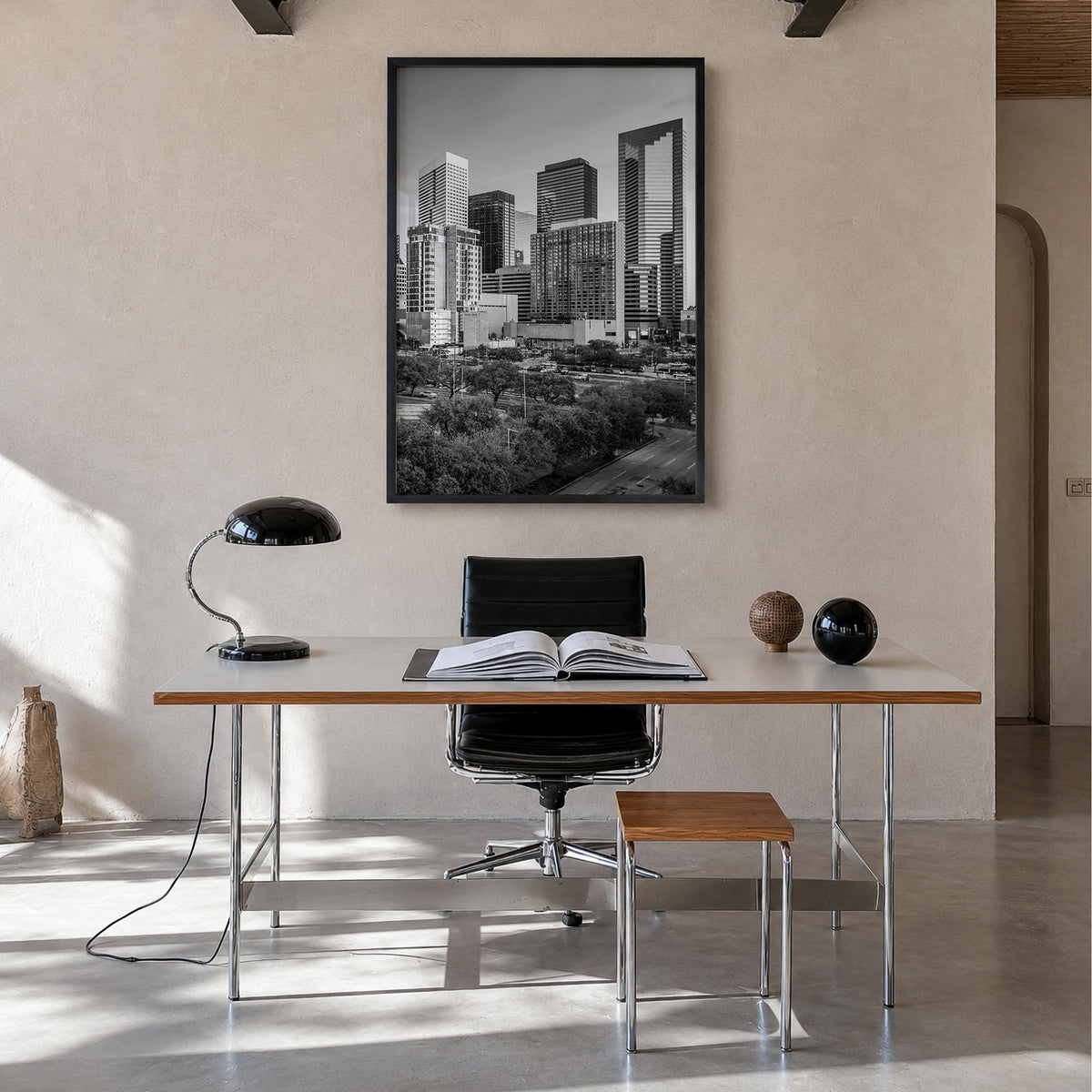 Houston no. 1 black & white photo poster of Texas, USA – vertical wall art in black wood frame, hanging on wall
