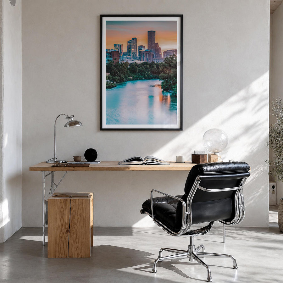 Houston no. 1 colorful photo poster of Texas, USA – vertical wall art in black wood frame with white border, hanging on wall