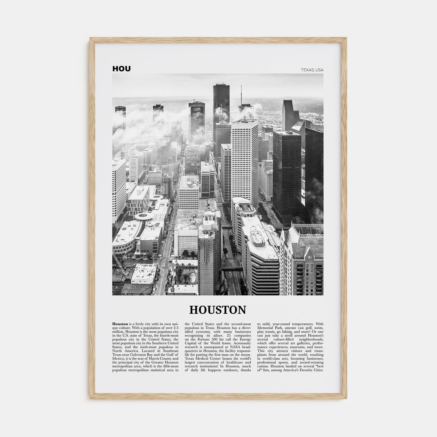 Houston No 1 Poster Natural Wood / 8x12 in Nbourhood Travel B&W Poster