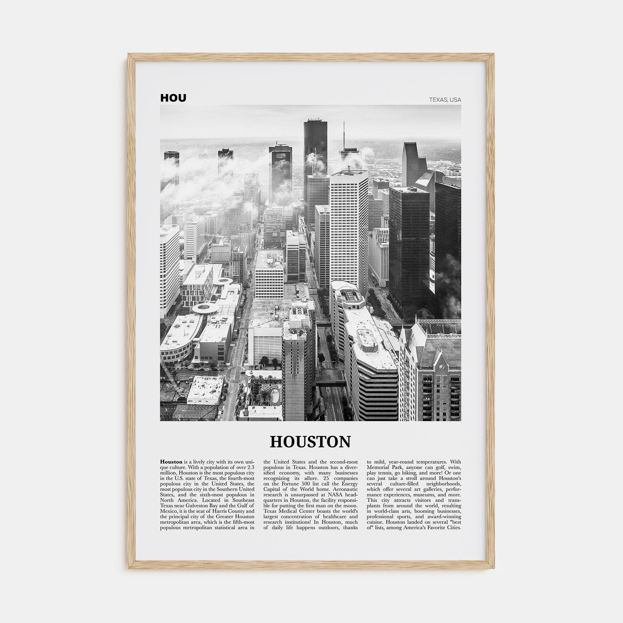 Houston No 1 Poster Natural Wood / 8x12 in Nbourhood Travel B&W Poster