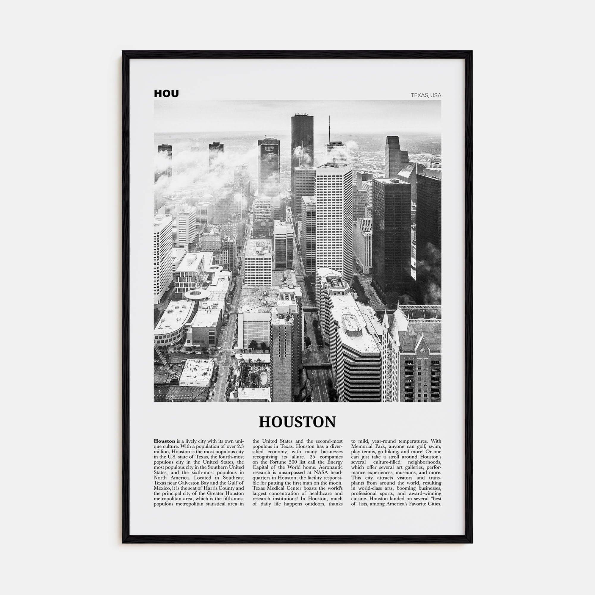 Houston No 1 Poster Black Wood / 8x12 in Nbourhood Travel B&W Poster