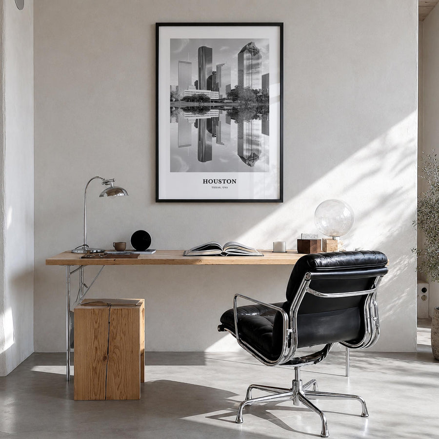 Houston no. 2 black & white classic poster of Texas, USA – vertical wall art in black wood frame, hanging on wall