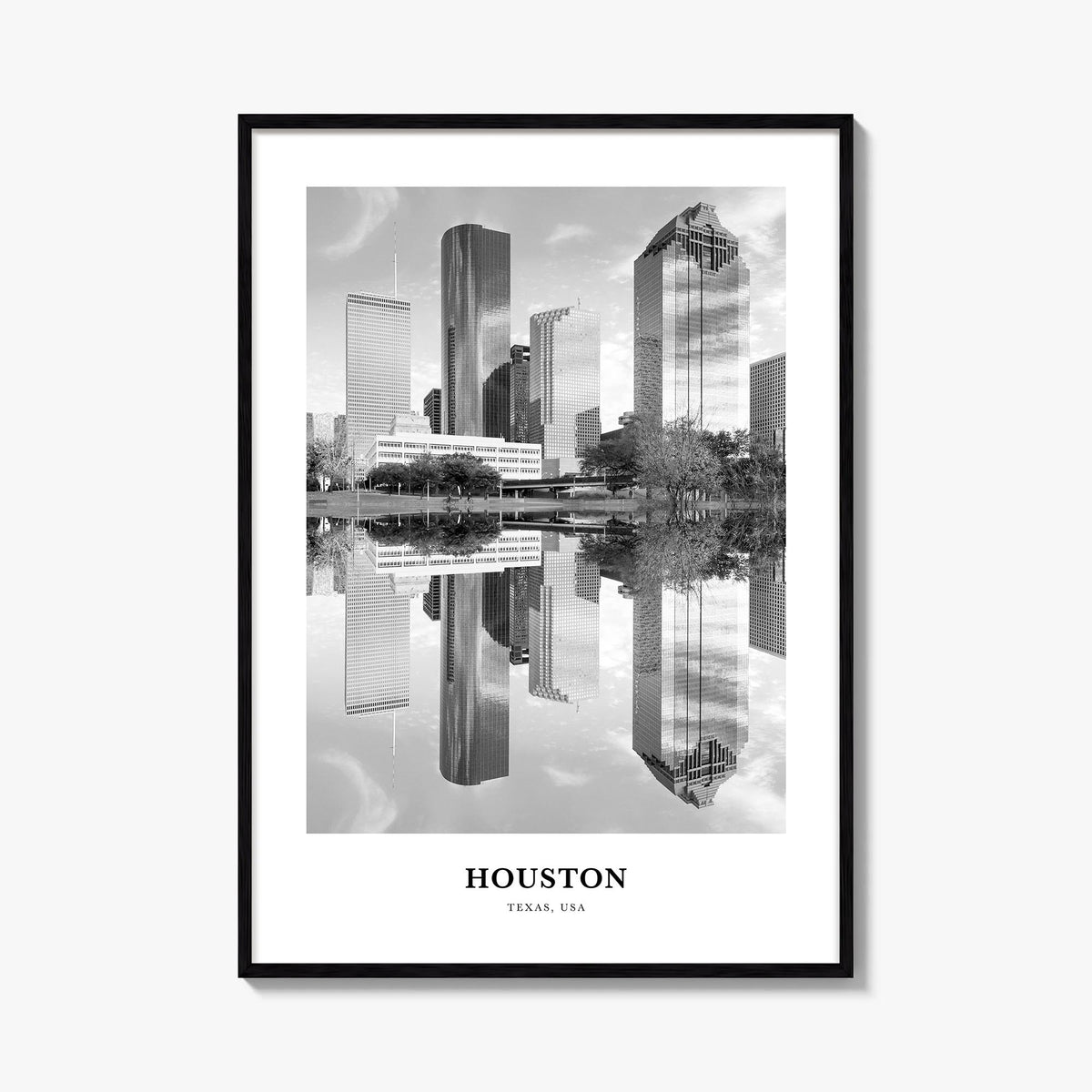 Houston no. 2 black & white classic poster of Texas, USA – vertical wall art, unframed print shown in interior mockup